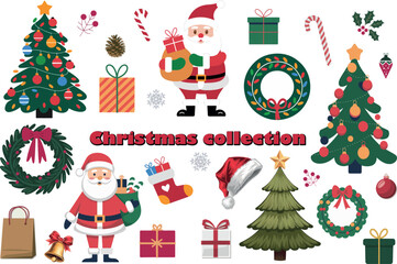 Festive collection of Christmas-themed icons, Santa Claus, Christmas trees, wreaths, gifts, and ornaments. For holiday web design, greeting cards, seasonal marketing materials