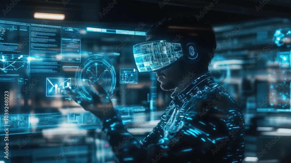 Poster a futuristic internet communication system where people connect through augmented reality and hologr