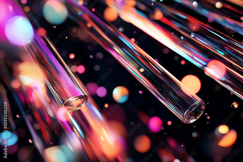 Aufkleber abstract background of colorful glowing glass tubes with bokeh effect on black.