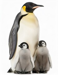 Fototapeta premium コウテイペンギンの親子（Emperor penguin family on white background） 
