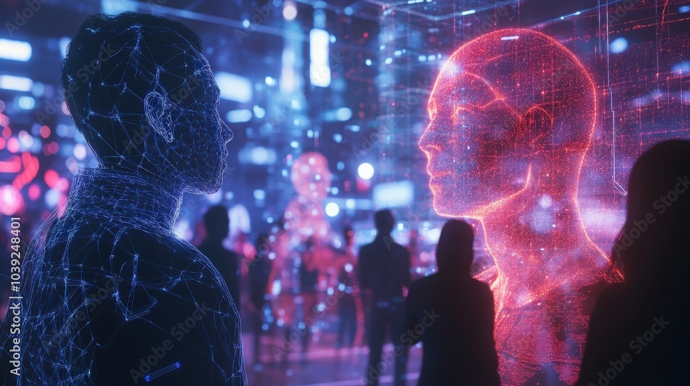 Poster a futuristic vision of communication where digital avatars, neural networks, and holographic interfa