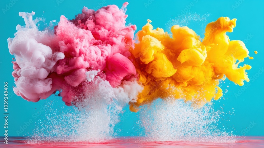 Poster a dynamic image showing two colorful clouds of pink and yellow ink exploding and mixing in water aga