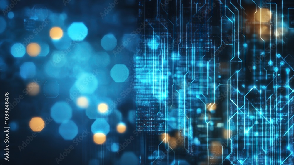 Poster abstract digital background with blue tones and glowing elements, representing technology and data.