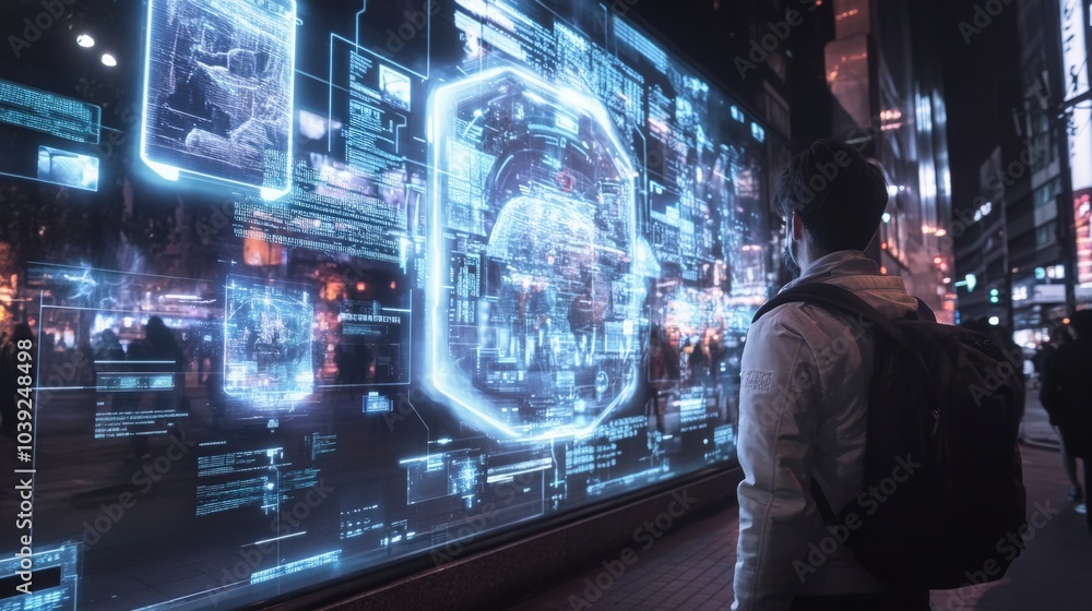Poster a futuristic vision of communication where real-time holographic projections and neural links create