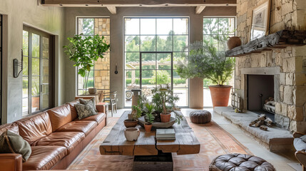 Fototapeta premium Rustic farmhouse living room with a stone fireplace, a leather sofa, a reclaimed wood coffee table, and greenery arranged around large barn-style windows.