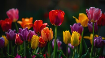 Tulips in full bloom, standing tall in vibrant colors of red, yellow, purple, and orange, heralding the arrival of spring