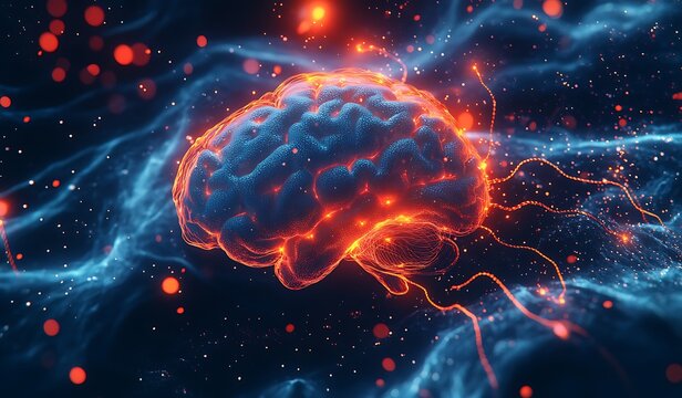 Detailed illustration of human brain with neurons firing, highlighting assistive treatment for adult lower back pain, set against dark blue abstract background emphasizing medical research themes.