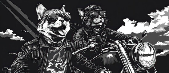 Dog and cat friends on a motorcycle, one in leather jacket, blending biker culture with humorous art sketch engraving generative ai vector illustration. 