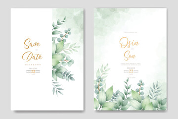 Wedding invitation card with watercolor leaves