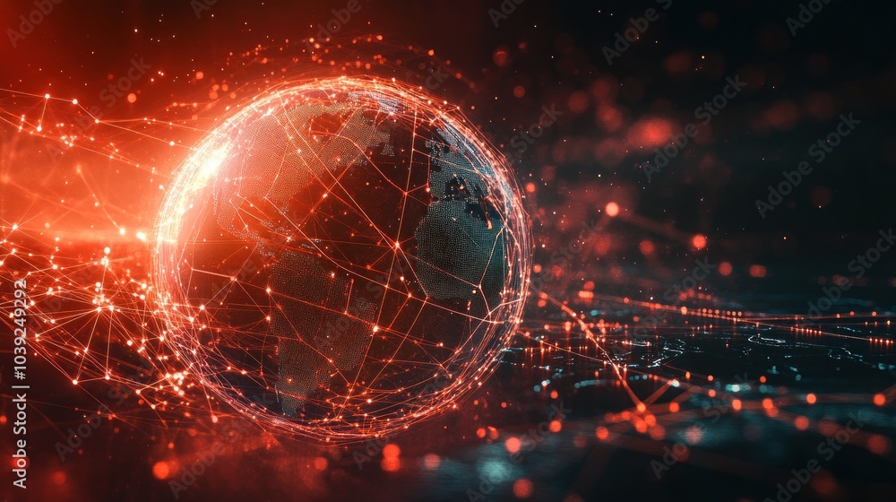 Poster a digital representation of a globe interconnected with lines and lights, symbolizing technology.