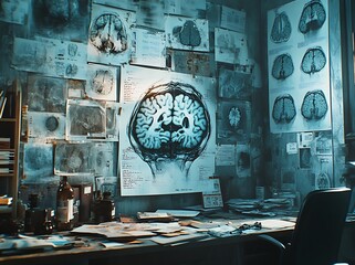 Candid close-up of brain images on an old-fashioned medical screen, showing anatomical data and radio shadows with patient documents in a dark, blurred background, ultra-realistic and high resolution.