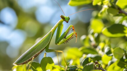 Green Praying Mantis on Leafy Background