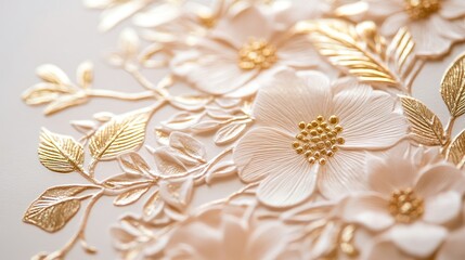 A wedding invitation with a gold-embossed design of delicate leaves and flowers, giving a sense of sophistication and luxury.