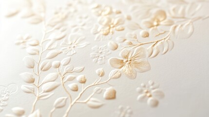 A wedding invitation with a gold-embossed design of delicate leaves and flowers, giving a sense of sophistication and luxury.