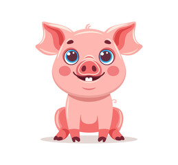 A cute cartoon piglet with a big smile, pink skin, and an adorable expression. The playful character design is ideal for children’s themes, representing happiness, innocence, and joy.