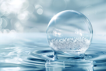  Macro shot of cosmetic essence molecule inside liquid bubble on water background