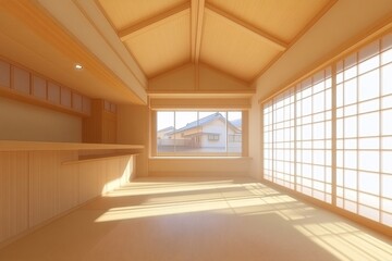 Fototapeta premium Minimalist Japanese Home Interior Design with Wooden Walls and Tatami Floor
