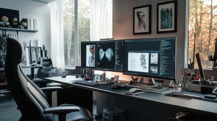 Fototapeta premium An elegantly designed workspace with a sleek desk, ergonomic chair, and multiple monitors displaying creative designs