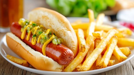 Mouthwatering Hot Dog with Crispy Fries on Plate