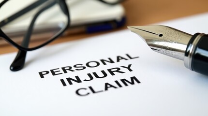 Personal injury claim document with fountain pen and glasses