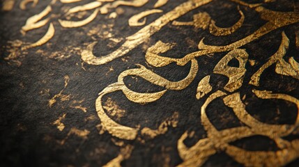 Naklejka premium An artistic calligraphy piece featuring gold ink on dark parchment, the carefully written characters forming an intricate and visually stunning pattern that evokes ancient script.