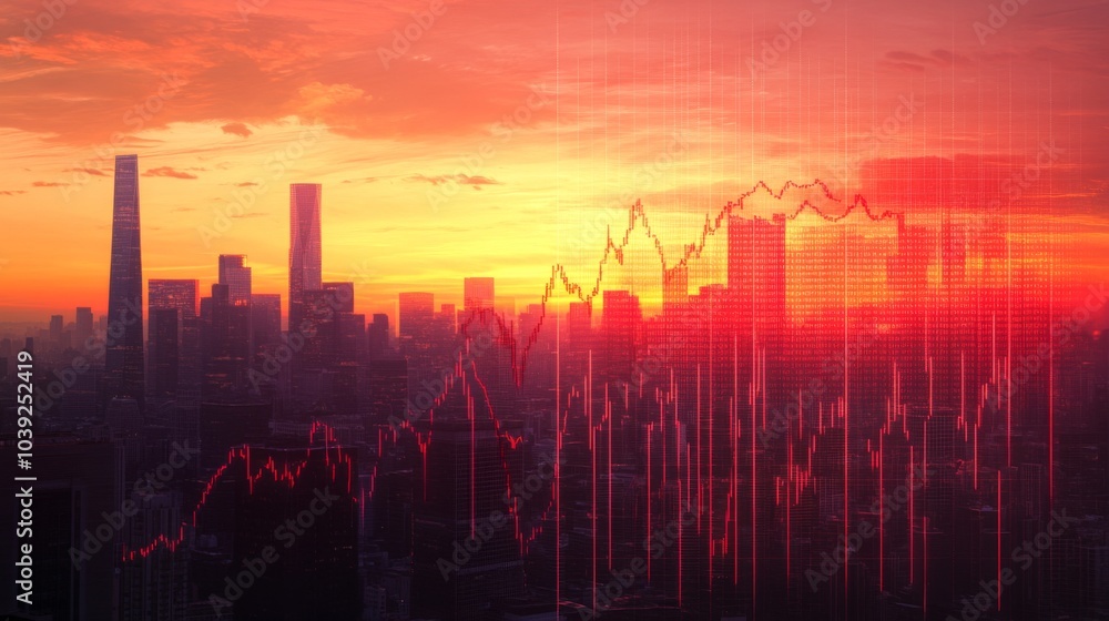 Poster dynamic city skyline with financial data overlay