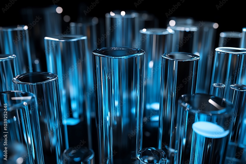 Poster abstract 3d rendering of a field of blue glass cylinders.
