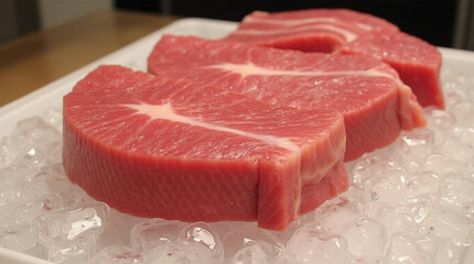 Fototapeta premium Freshly cut tuna steaks on ice ready for preparation
