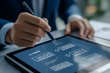 A close-up of a professional using a pen on a digital tablet displaying a data dashboard. The image emphasizes the integration of digital tools in business processes, showcasing efficiency and modern 