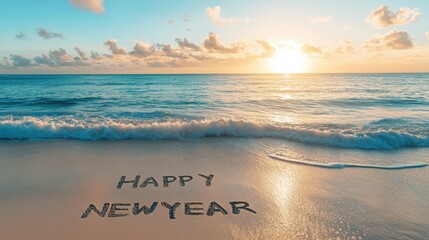 A serene beach at sunrise with 'Happy New Year 2025' handwritten in the sand, soft ocean waves lapping at the shore, and the horizon glowing in the distance.