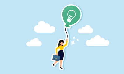 A businesswoman hanging from the rope of a balloon labeled light, illustration of the need for innovation and ideas for business sustainability