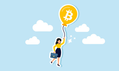 A businesswoman hanging from the rope of a balloon labeled bitcoin, illustration of dependence on bitcoin assets without diversification into other assets
