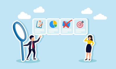 A businessman and a businesswoman standing next to item choices about business management, marked on the email section, illustration of disagreement in email systems