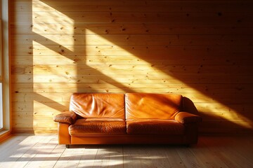 Sunlight Streaming Through a Window Onto a Leather Sofa in a Cozy Living Room