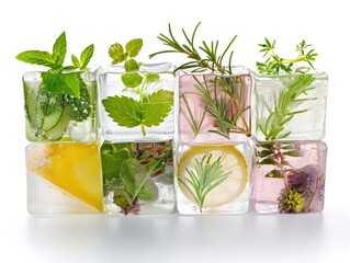 Herbs frozen in ice cubes isolated on white