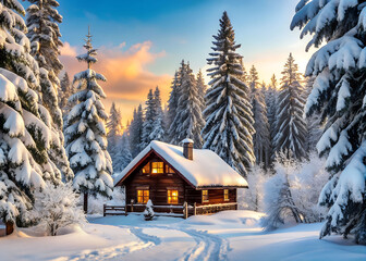 Cozy log cabin in snowy forest at sunrise. Winter retreat and serene nature concept.
