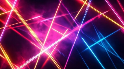 Abstract neon light streaks in pink, yellow, and blue against a dark background.