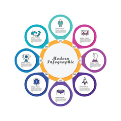Modern infographic design template. Simple circular diagram with 8 successively connected round elements