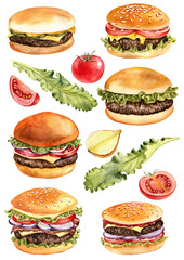 watercolor drawing fresh burgers, hamburgers and cheeseburgers , tomatoes. onion and green salad leaves at white background, hand drawn food illustration