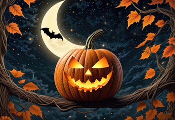 Halloween Jack-o'-lantern with a glowing grin, set against a dark, starry sky. Twisting vines and autumn leaves wind around the pumpkin, stretching upward. A crescent moon glows above, Generative AI