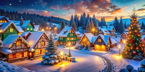 Obraz premium A picturesque winter village adorned with snow-dusted homes, festive decorations, and twinkling lights creates a cozy atmosphere ideal for holiday celebrations and enchanting photography.
