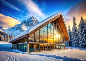 Architectural Photography of a Modern Snowboard School featuring Sleek Design, Snow-Covered Roofs, and Scenic Mountain Views in a Winter Wonderland Setting