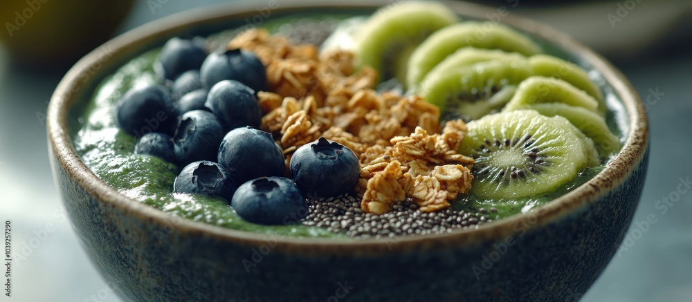 Wall mural A green smoothie bowl topped with kiwi, blueberries, granola, and chia seeds.