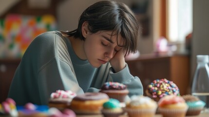 Fototapeta premium Person sitting alone, looking sad, surrounded by sugary foods like donuts and cupcakes on a table, with a blurred background for emphasis.
