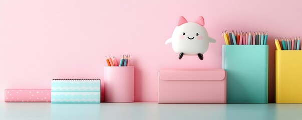 cute eraser jumping next to stationary in a whimsical scene, soft pastel colors, simple cartoon lines, friendly and inviting