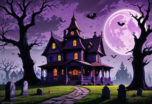 Haunted house with crooked windows and a pointed roof stands against a deep purple sky. Gnarled trees with bare branches arch over the scene, with a few tombstones at the base, Generative AI
