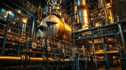 Industrial Interior of a Large Factory with Pipes and Gauges