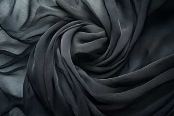 "black chiffon fabric, close up, arranged in a swirl, product photography shot