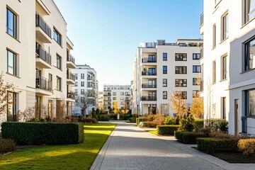  Modern apartment buildings with white walls and black windows, surrounded by green lawns and paved walkways under clear blue skies.