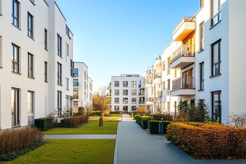 Obraz premium Modern apartment buildings with white walls and black windows, surrounded by green lawns and paved walkways under clear blue skies.
